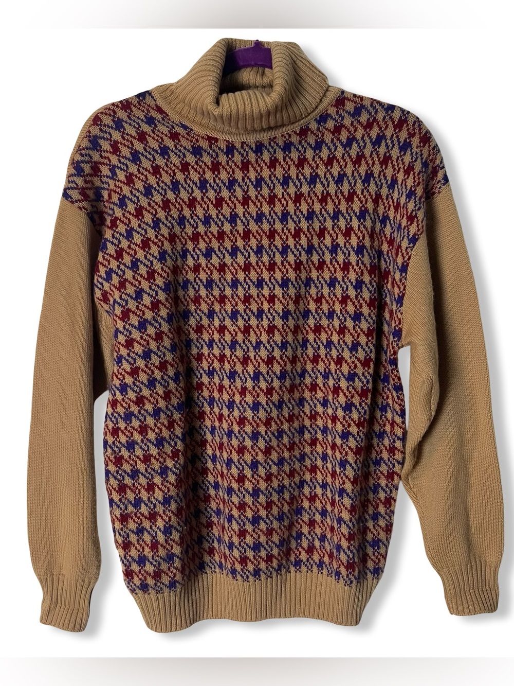 Vintage Eleanor P Brenner Houndstooth Wool Turtleneck Sweater Colorblock Sz M
